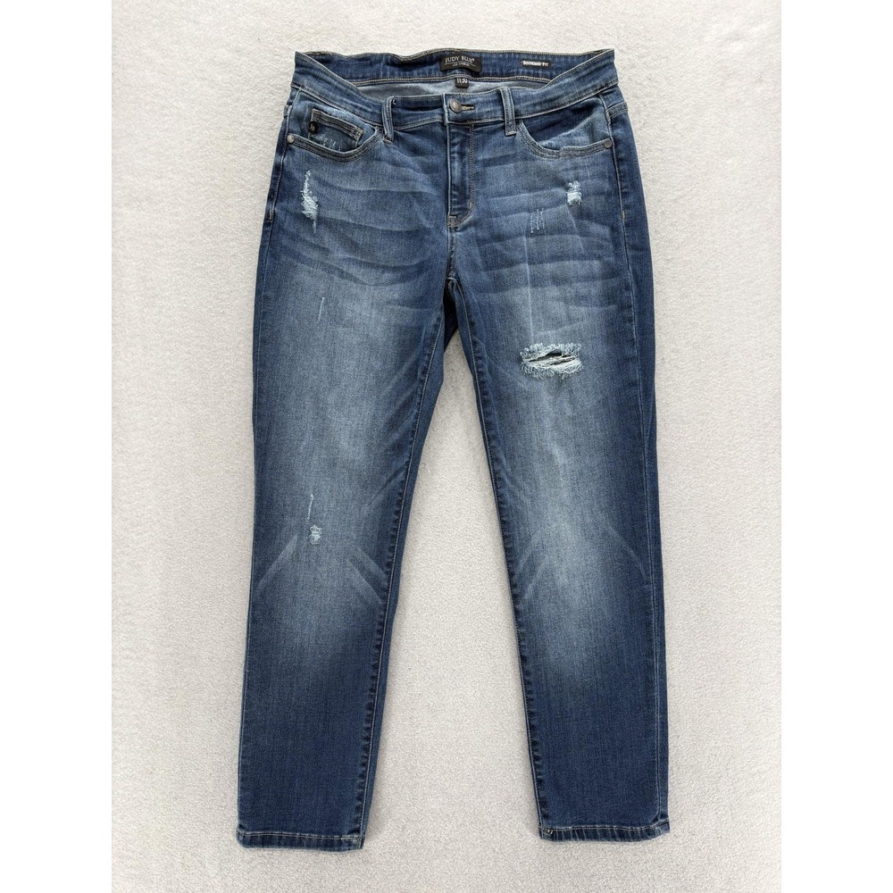 Judy Blue Boyfriend Jeans Womens 11/30 Blue Med Mid Rise Distressed High Stretch